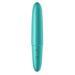 Front of the  Satisfyer Ultra Power Bullet 6 Vibrator with the power button on the top part of the handle, and below is the SF logo.