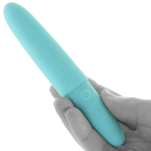 Satisfyer Ultra Power Bullet 6 Vibrator being held showing the size scale, compared to a human hand, The Power button is visible on the top part of the handle, and below is the engraved SF logo.