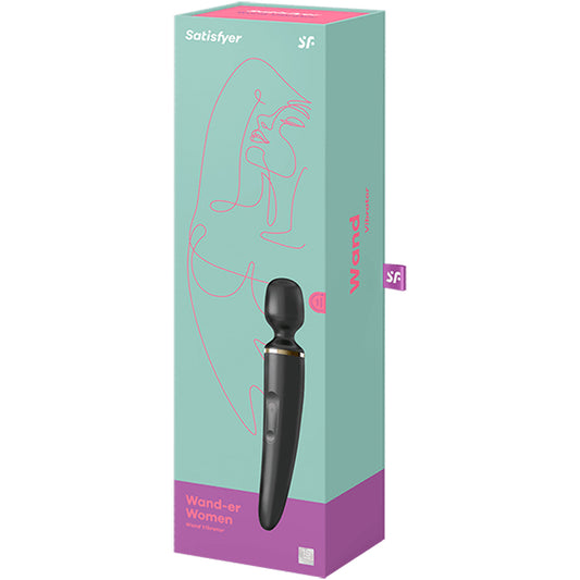 Front Package of Satisfyer Wand-er Women Wand Vibrator. Light blue background with a pink outline of a woman, and a purple bottom border on the package, package displaying the Front Side of the black Wand Vibrator with the visible intensity controls, top right is the "sf" logo, and on the bottom right of the package is a 15 Year Guarantee. On the side of the package is written Wand Vibrator, and a tag with the "SF" logo.