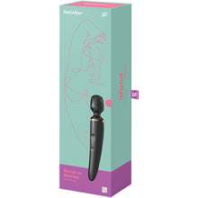 Load image into Gallery viewer, Front Package of Satisfyer Wand-er Women Wand Vibrator. Light blue background with a pink outline of a woman, and a purple bottom border on the package, package displaying the Front Side of the black Wand Vibrator with the visible intensity controls, top right is the &quot;sf&quot; logo, and on the bottom right of the package is a 15 Year Guarantee. On the side of the package is written Wand Vibrator, and a tag with the &quot;SF&quot; logo.