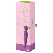 Load image into Gallery viewer, Front Package of Satisfyer Wand-er Women Wand Vibrator. Pink background with a lime green outline of a woman, and a purple bottom border on the package, package displaying the Front Side of the purple Wand Vibrator with the visible intensity controls, top right is the &quot;sf&quot; logo, and on the bottom right of the package is a 15 Year Guarantee. On the side of the package is written Wand Vibrator, and a tag with the &quot;SF&quot; logo.