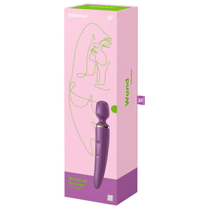 Front Package of Satisfyer Wand-er Women Wand Vibrator. Pink background with a lime green outline of a woman, and a purple bottom border on the package, package displaying the Front Side of the purple Wand Vibrator with the visible intensity controls, top right is the "sf" logo, and on the bottom right of the package is a 15 Year Guarantee. On the side of the package is written Wand Vibrator, and a tag with the "SF" logo.