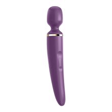 Load image into Gallery viewer, Front side of the Satisfyer Wand-er Women purple Wand Vibrator showing the intensity controls marked with + and -