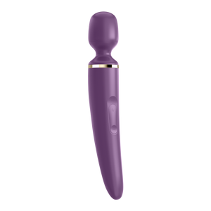 Front side of the Satisfyer Wand-er Women purple Wand Vibrator showing the intensity controls marked with + and -
