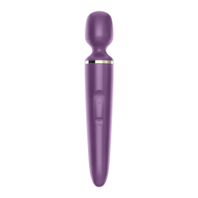 Load image into Gallery viewer, Front os the Satisfyer Wand-er Women purple Wand Vibrator showing the intensity controls marked with + and -
