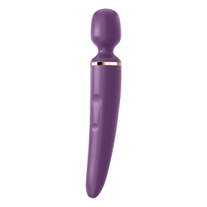 Front facing left side of the Satisfyer Wand-er Women purple Wand Vibrator visible controls on the left marked with + and -