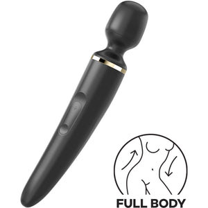 Satisfyer Wand-er Women black Wand Vibrator showing the intensity controls on the left side marked with + and -. On the bottom right is an icon for FULL BODY.