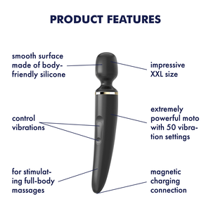 Satisfyer Wand-er Women Wand Vibrator Product Features. Impressive XXL size. Extremely powerful moto with 50 vibration settings. magnetic charging connection. For stimulating full-body massages. Control vibrations. Smooth surface made of body-friendly silicone. Picture dispalying a black Satisfyer Wand-er Women Wand Vibrator.