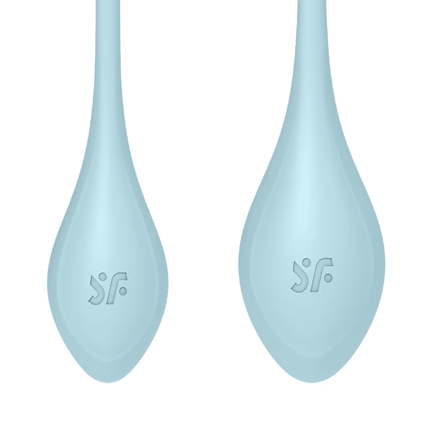 Close up on the Kegel Balls from the Satisfyer Yoni Power 2 Balls Training Set, with the SF logo engraved in the middle of each kegel ball.