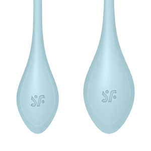 Close up on the Kegel Balls from the Satisfyer Yoni Power 2 Balls Training Set, with the SF logo engraved in the middle of each kegel ball.