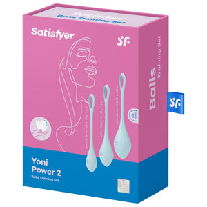 Front of the package from the top are the Satisfyer logos, on the bottom left is the product name Yoni Power 2 Balls Training Set. On the right side are the product (left to right): advanced: 20 mm / 0.8 in / 22 g / 0.8 oz; skilled: 25 mm / 1 in / 46 g / 1.6 oz; regular: 30 mm / 1.2 in / 74 g / 2.6 oz, the product are facing front side with the SF logo visible on the lower left of each kegel ball, and on the bottom right is a mark for 15 year guarantee.