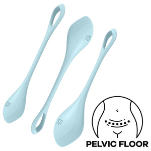 Satisfyer Yoni Power 2 Balls Training Set diagonally placed top to bottom, the middle kegel is upside-down, and each kegel ball has a SF logo engraved that is visible on the side. On the bottom right of the image is an icon for Pelvic Floor.