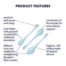 Load image into Gallery viewer, Satisfyer Yoni Power 2 Balls Training Set Product Features (clockwise): constriction of the muscles for more intense orgasms (pointing to middle kegel ball); hygienic, soft surface made of medical silicone (pointing to lower kegel ball); different sizes and weights for strengthening the pelvic floor muscles (pointing to kegel balls); oval shape with grooved structured for additional stimulation (pointing on surface of kegel balls); practical and secure wrist wrap (pointing to lower handle of product). 
