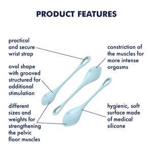 Satisfyer Yoni Power 2 Balls Training Set Product Features (clockwise): constriction of the muscles for more intense orgasms (pointing to middle kegel ball); hygienic, soft surface made of medical silicone (pointing to lower kegel ball); different sizes and weights for strengthening the pelvic floor muscles (pointing to kegel balls); oval shape with grooved structured for additional stimulation (pointing on surface of kegel balls); practical and secure wrist wrap (pointing to lower handle of product). 