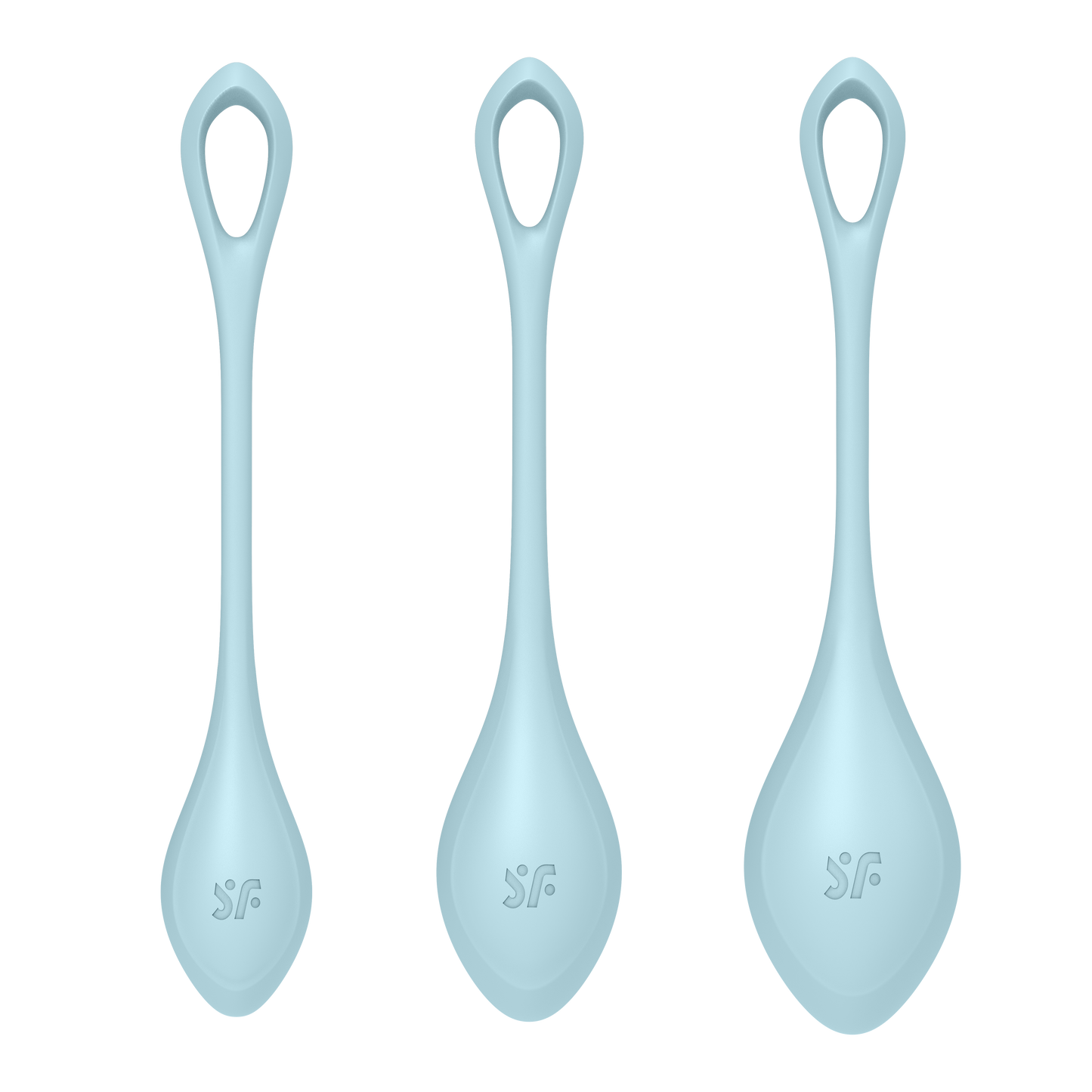 Front of the Satisfyer Yoni Power 2 Balls Training Set, with each kegel balls has a SF logo engraved in the middle.