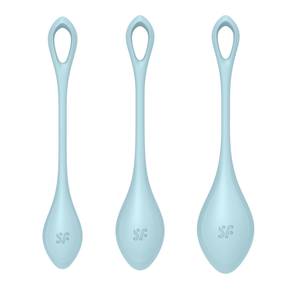 Front of the Satisfyer Yoni Power 2 Balls Training Set, with each kegel balls has a SF logo engraved in the middle.