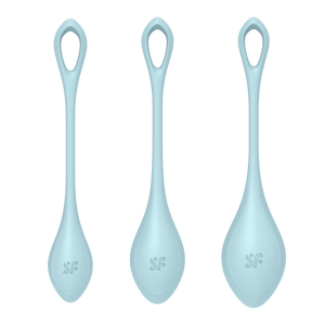 Front of the Satisfyer Yoni Power 2 Balls Training Set, with each kegel balls has a SF logo engraved in the middle.