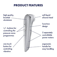 Load image into Gallery viewer, Product features Satisfyer High Fashion Luxury Air Pulse Stimulator Soft liquid silicone head (pointing to head), luxury design (pointing to handle), 2 Separately controllable power motors (pointing to upper and lower part of handle), ergonomic handle for easy handling (pointing to lower handle), one touch button for controlling vibration (pointing to wave button), + / - buttons for controlling the pressure wave programmes (pointing to dual buttons), high-quality brushed aluminium (pointing to upper handle)