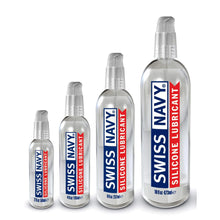 Load image into Gallery viewer, Swiss Navy Silicone Lubricant Bottle Collection includes 2 fl oz / 59 ml, 4 fl oz / 118 ml, 8 fl oz / 237 ml, 16 fl oz / 473 ml.